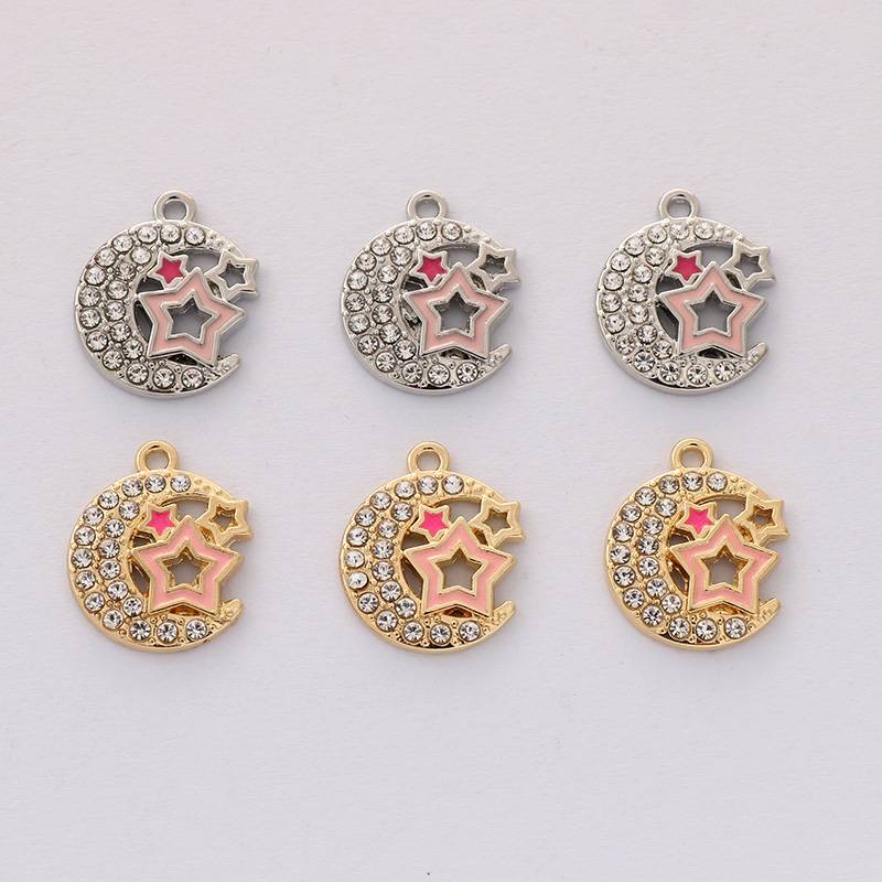 DIY new creative and fashionable design sense diamond and oil drip alloy moon five-pointed star jewelry earrings pendant