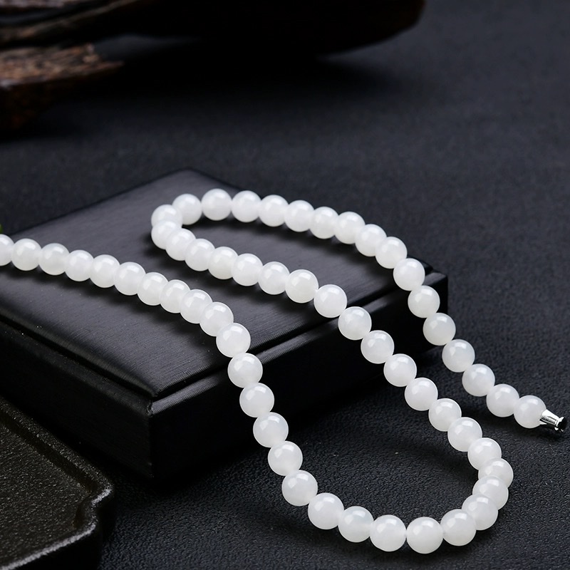 Natural Hetian jade white jade round bead necklace, 8mm mother chain necklace, short style for women detail image 4