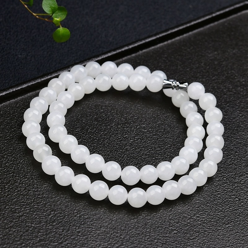Natural Hetian jade white jade round bead necklace, 8mm mother chain necklace, short style for women details Picture