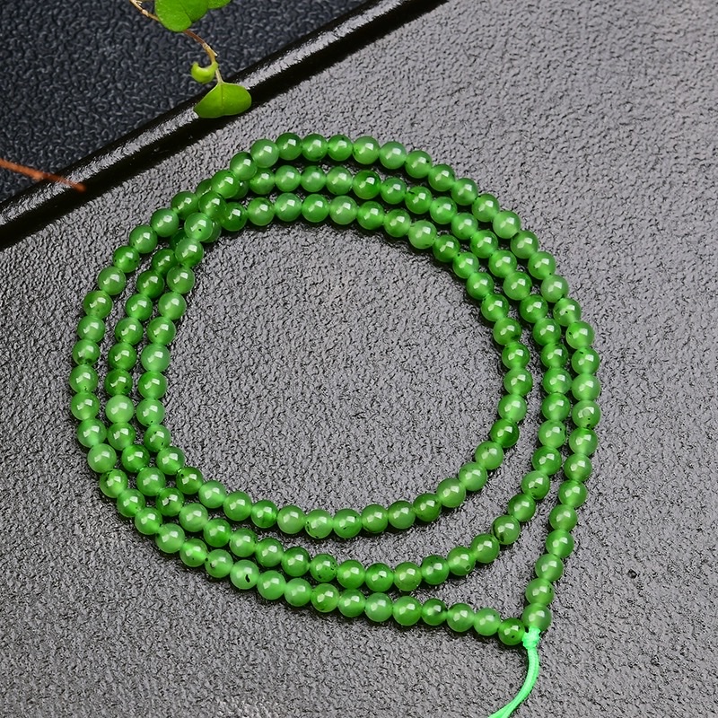 Natural Russian jadeite 4mm long chain bracelet necklace for women with black dots, spinach green DIY hand-woven bracelet wholesale detail image 3