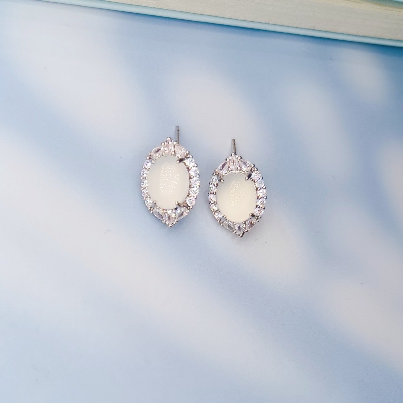 镶嵌天然玉髓耳环耳钉女微镶满钻气质耳钉玛瑙玉髓翡翠耳饰空托详情图3