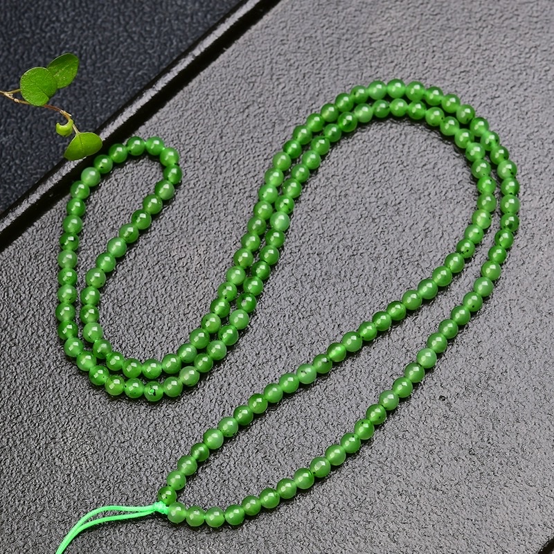 Natural Russian jadeite 4mm long chain bracelet necklace for women with black dots, spinach green DIY hand-woven bracelet wholesale detail image 4