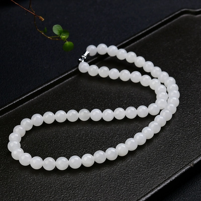 天然和田玉白玉圆珠项链8mm妈妈链 项链女短款