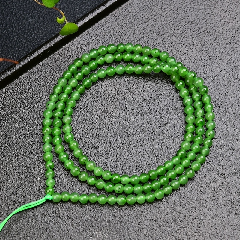 Natural Russian jadeite 4mm long chain bracelet necklace for women with black dots, spinach green DIY hand-woven bracelet wholesale detail image 2