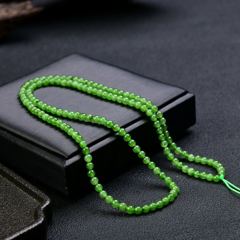 Natural Russian jadeite 4mm long chain bracelet necklace for women with black dots, spinach green DIY hand-woven bracelet wholesale