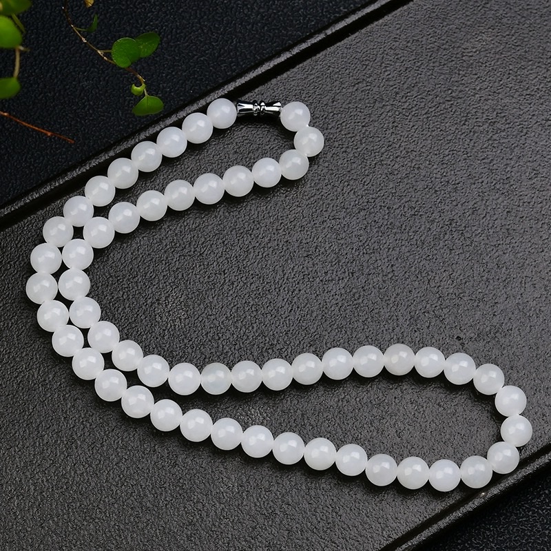 Natural Hetian jade white jade round bead necklace, 8mm mother chain necklace, short style for women detail image 3