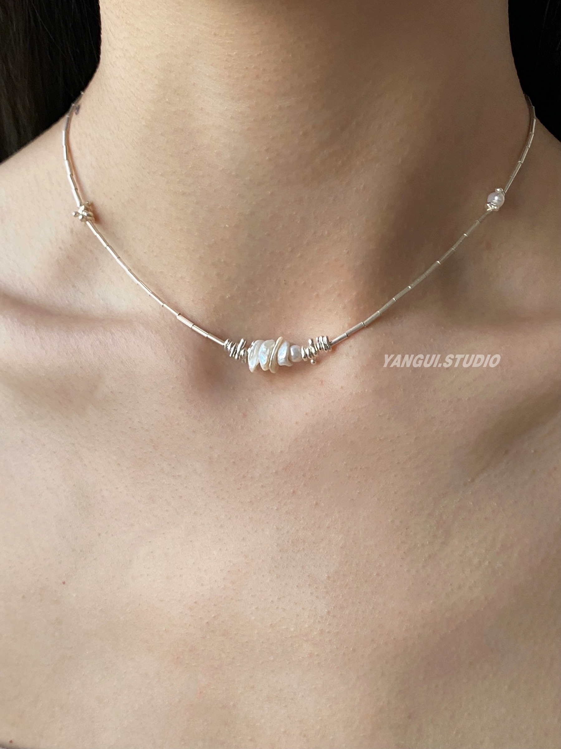 "Manhe" pure silver S990 natural pearl collarbone chain, simple, light luxury and niche design necklace, layered beaded chain necklace, necklace, short women's accessory necklace, pearl necklace, pearl silver jewelry, silver jewelry Application Scenario