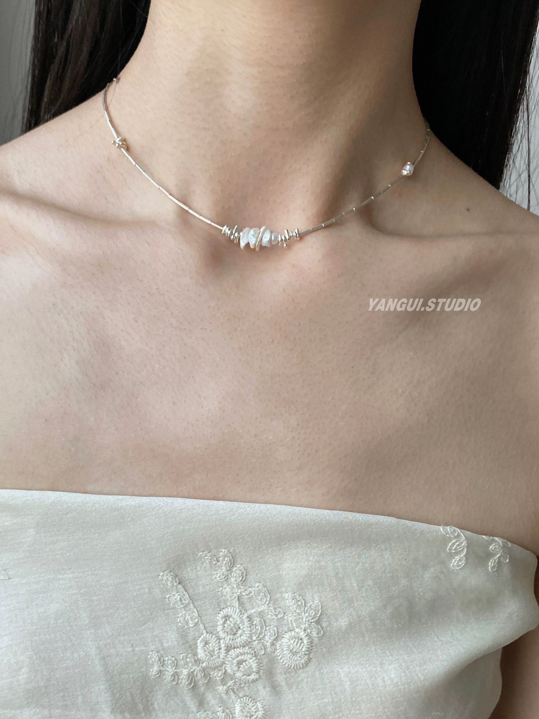 "Manhe" pure silver S990 natural pearl collarbone chain, simple, light luxury and niche design necklace, layered beaded chain necklace, necklace, short women's accessory necklace, pearl necklace, pearl silver jewelry, silver jewelry detail image 4