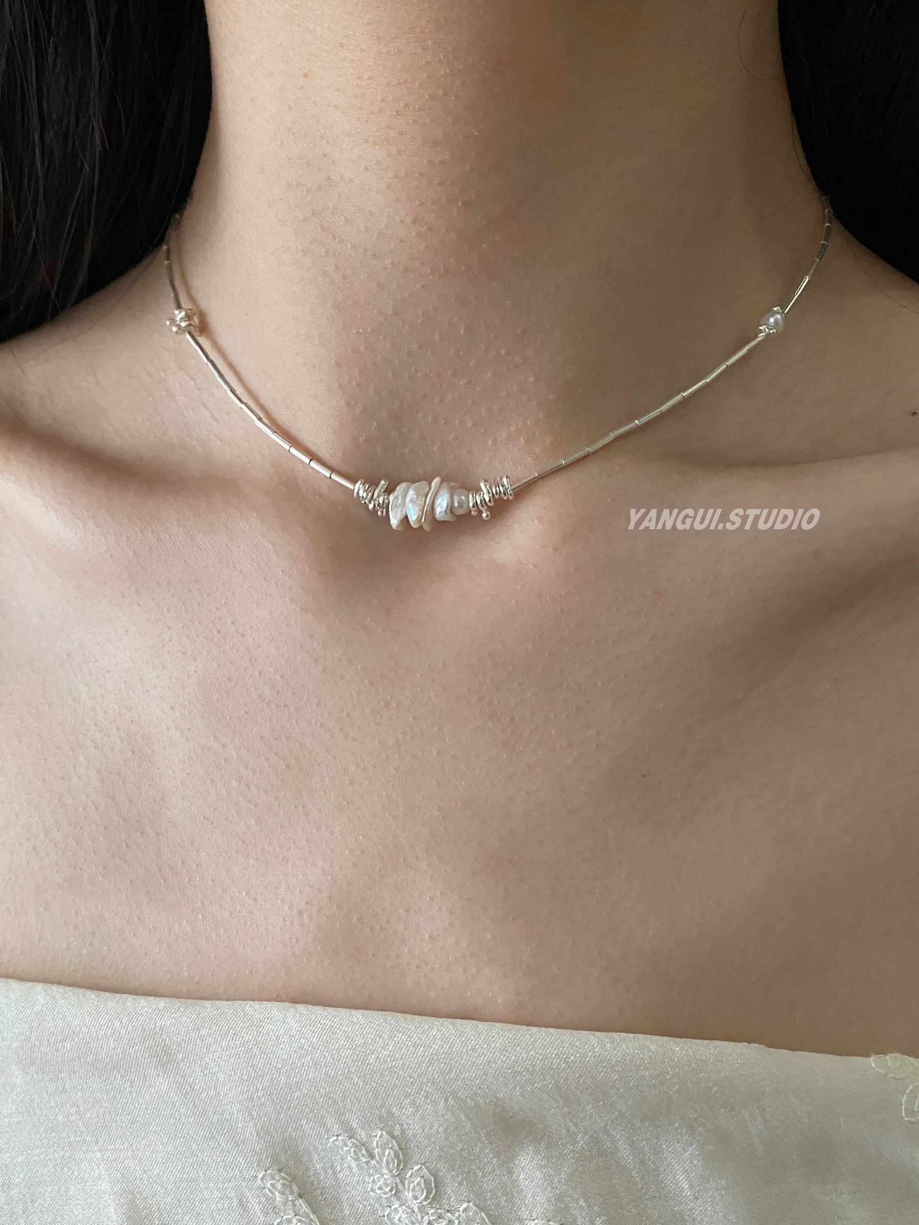 "Manhe" pure silver S990 natural pearl collarbone chain, simple, light luxury and niche design necklace, layered beaded chain necklace, necklace, short women's accessory necklace, pearl necklace, pearl silver jewelry, silver jewelry detail image 2