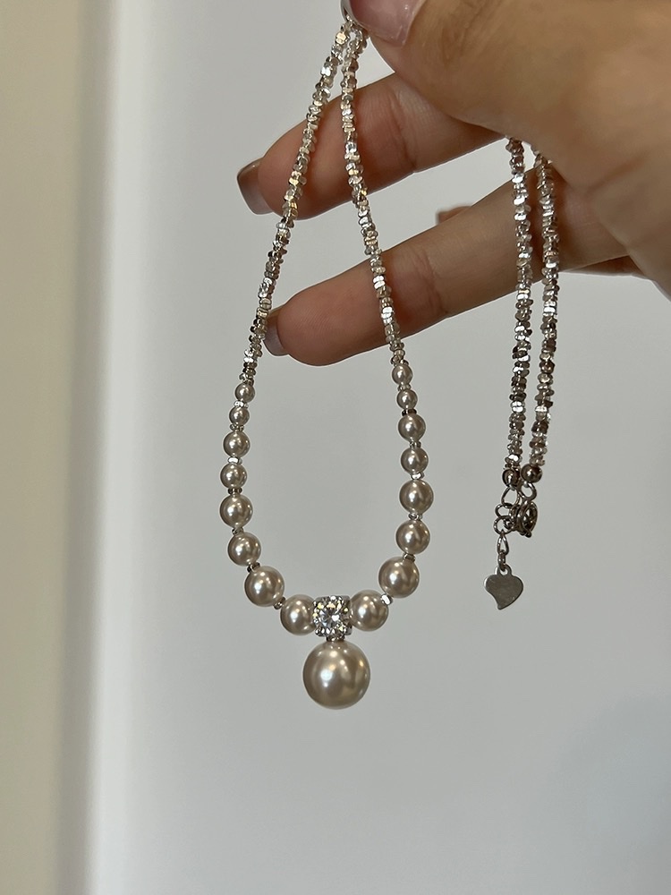 方糖家 原创施家强光珍珠S925纯银渐变项链小众设计高级感锁骨链项链珍珠珍珠项链项链女短款项链饰品项链项链珍珠项链珍珠白底实物图