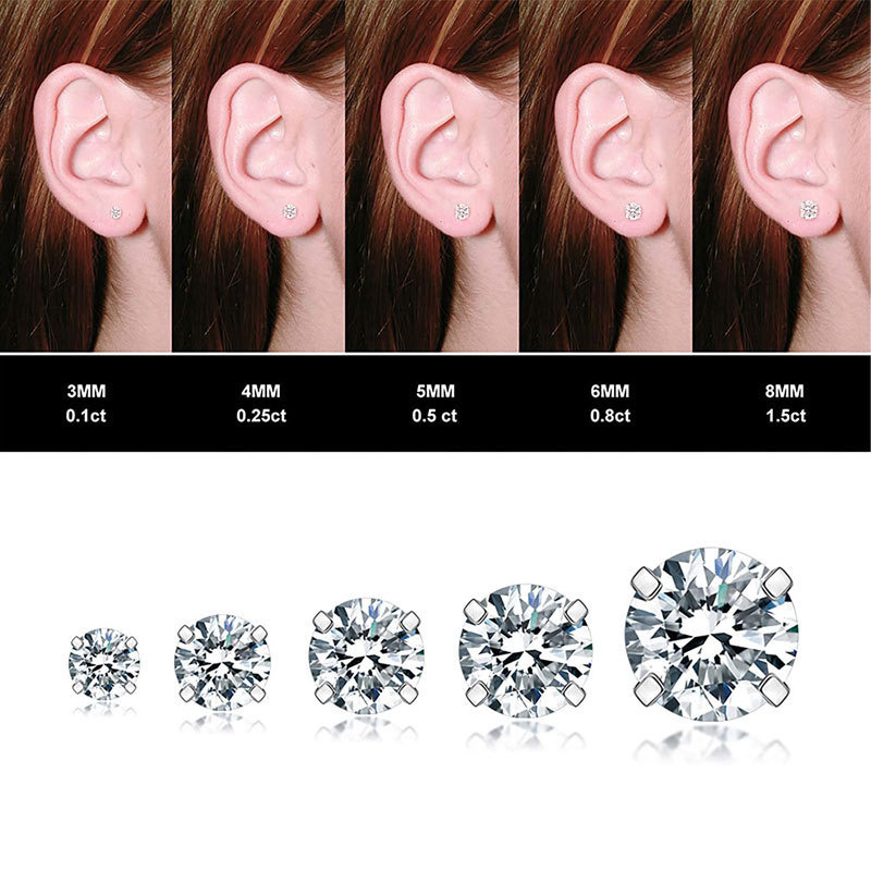 Stainless steel ear studs, cylindrical four-prong zircon ear studs, piercing accessories, back ear studs, small ear bone studs, crystal ear studs 3mm, 3mm, 5mm, 6mm Specification image