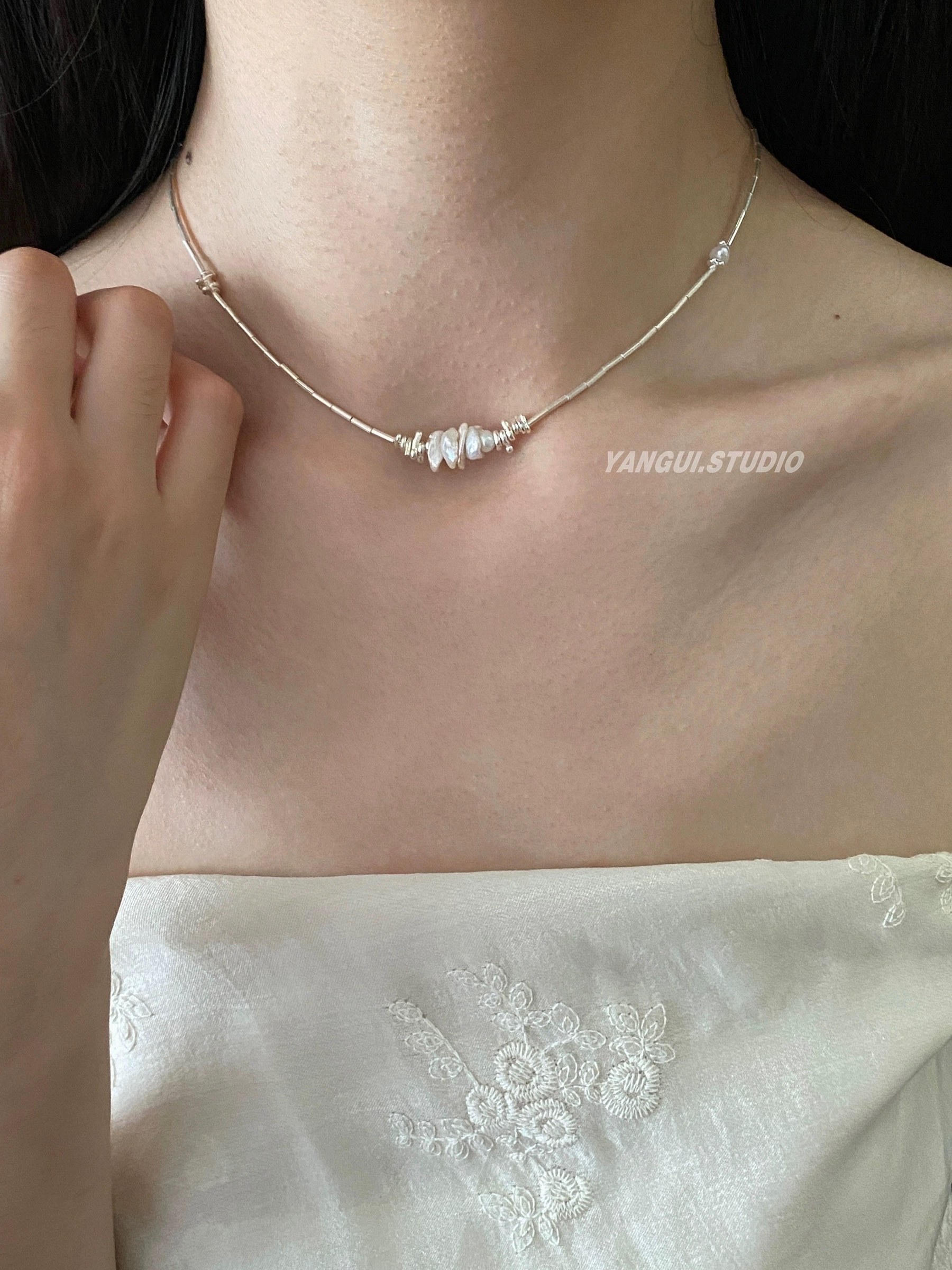 "Manhe" pure silver S990 natural pearl collarbone chain, simple, light luxury and niche design necklace, layered beaded chain necklace, necklace, short women's accessory necklace, pearl necklace, pearl silver jewelry, silver jewelry details Picture