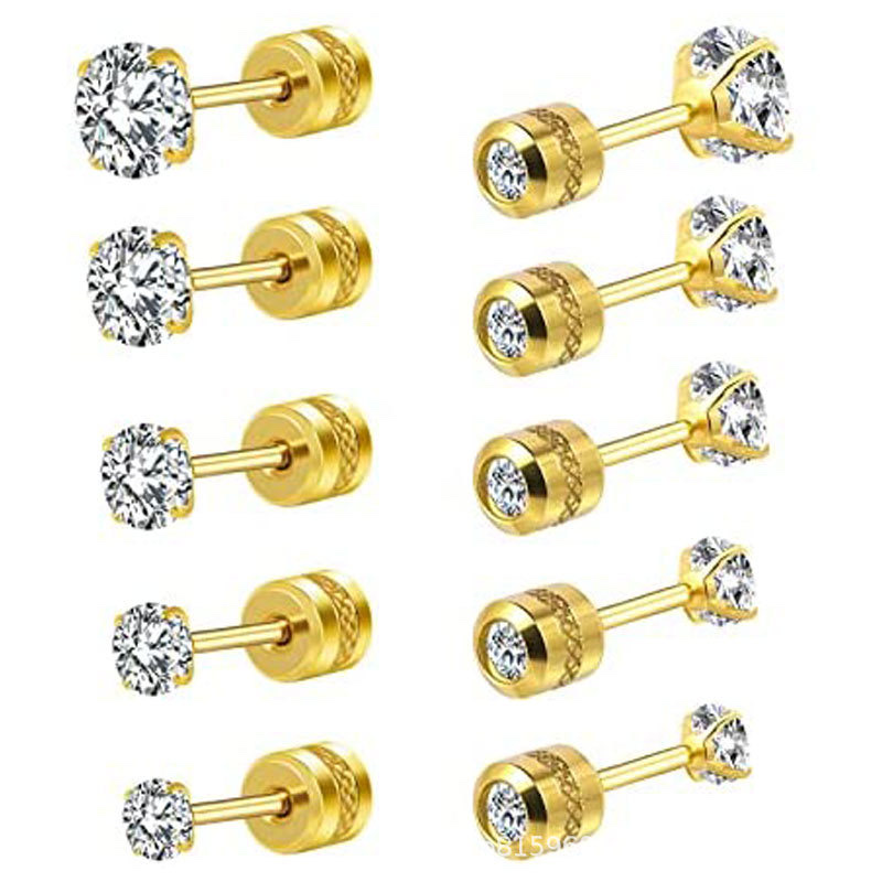 Stainless steel ear studs, cylindrical four-prong zircon ear studs, piercing accessories, back ear studs, small ear bone studs, crystal ear studs 3mm, 3mm, 5mm, 6mm details Picture