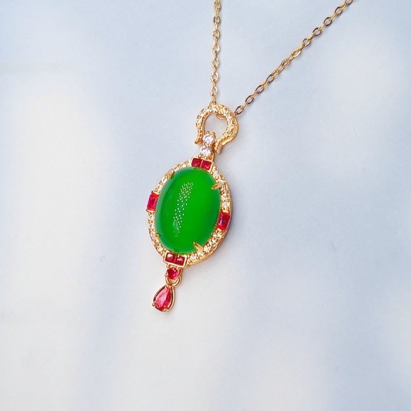 镶嵌天然玉髓流苏吊坠项托微镶锆石蛋形吊坠女镶嵌高冰玉髓项链女 