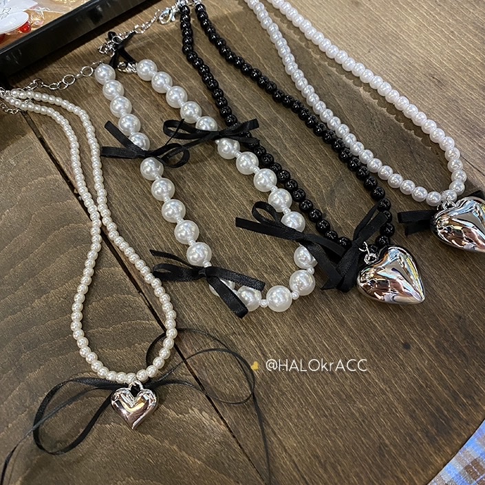优雅气质珍珠合金爱心丝带拼接项链 多元素气质款项链