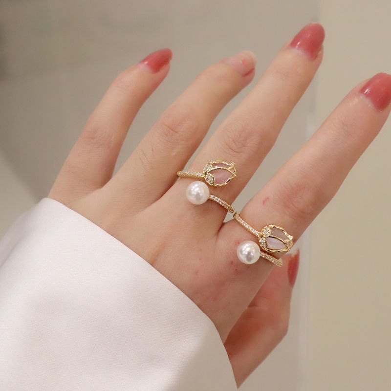 猫眼石郁金香花朵开口戒个性时尚小众设计戒指韩版气质食指戒首饰细节图