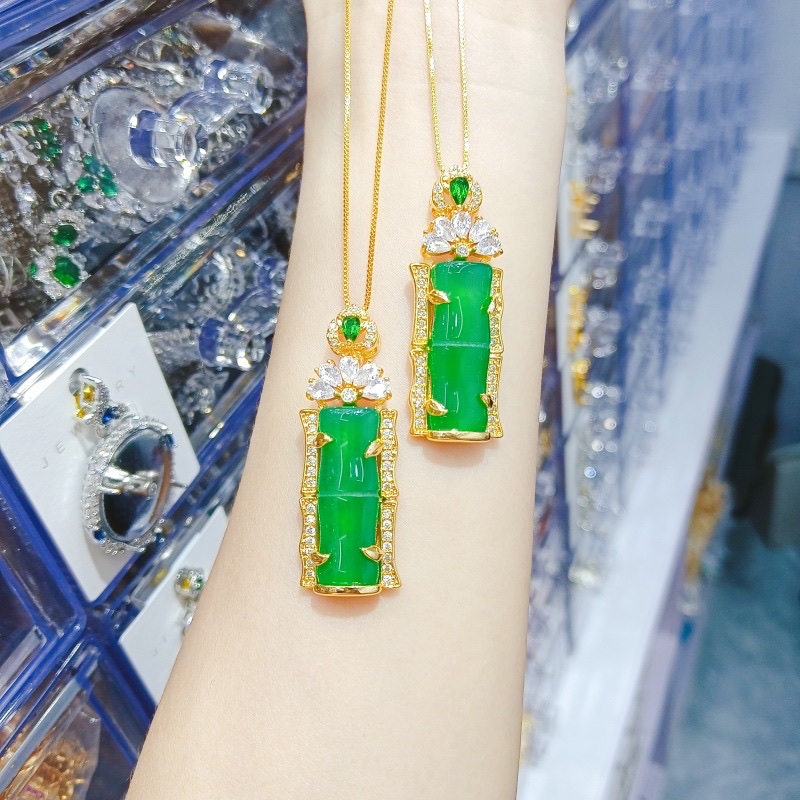 直播带货玉髓镶嵌竹节吊坠豪华满钻节节高挂件项链成品玛瑙空托饰