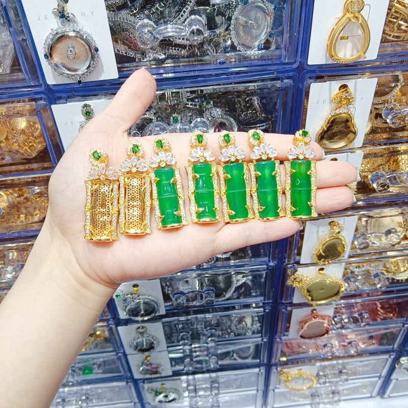 直播带货玉髓镶嵌竹节吊坠豪华满钻节节高挂件项链成品玛瑙空托饰详情图2