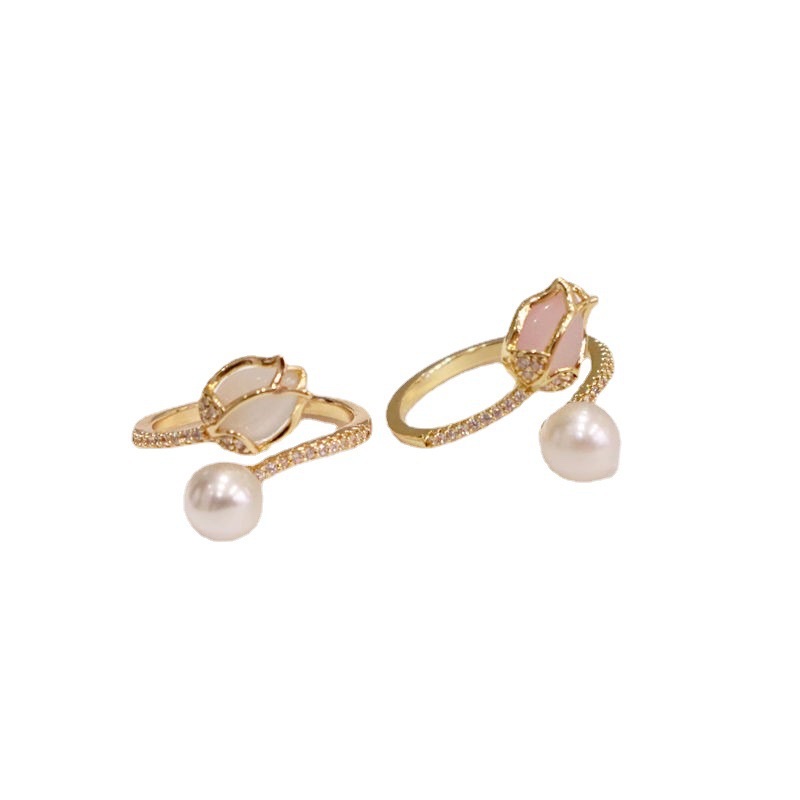 猫眼石郁金香花朵开口戒个性时尚小众设计戒指韩版气质食指戒首饰白底实物图