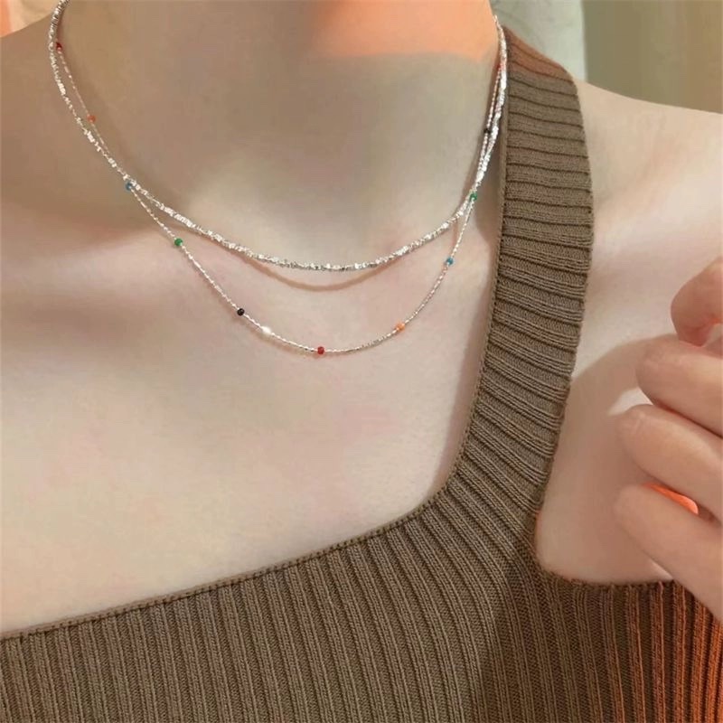 花雾意境彩色小豆子串珠项链双层叠戴碎银可调节仙女锁骨链可爱纯银项链细节图