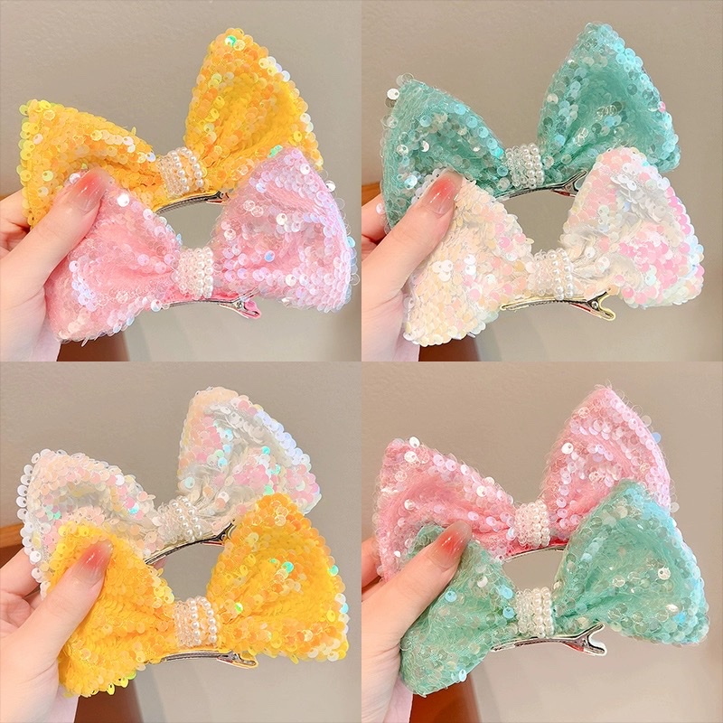 韩版儿童亮片蝴蝶结发夹头饰发卡小女孩丸子头顶夹公主舞台发饰2024年新款发卡