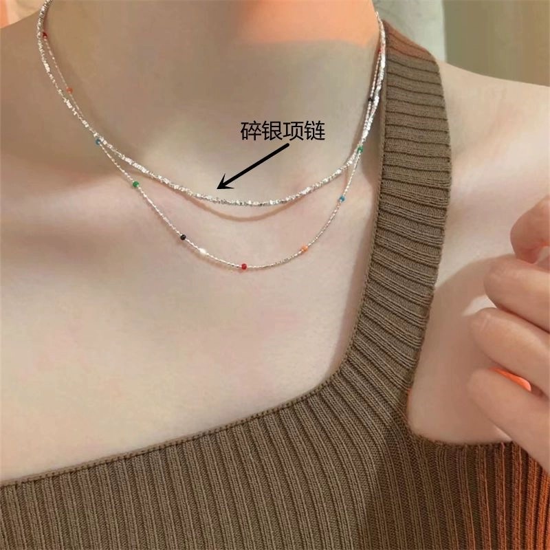花雾意境彩色小豆子串珠项链双层叠戴碎银可调节仙女锁骨链可爱纯银项链
