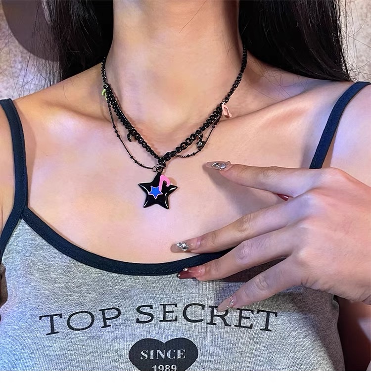 OUKECHUN黑色链条音符星星项链女轻奢小众锁骨链甜酷y2k辣妹颈链项链项链小众甜酷黑色细节图