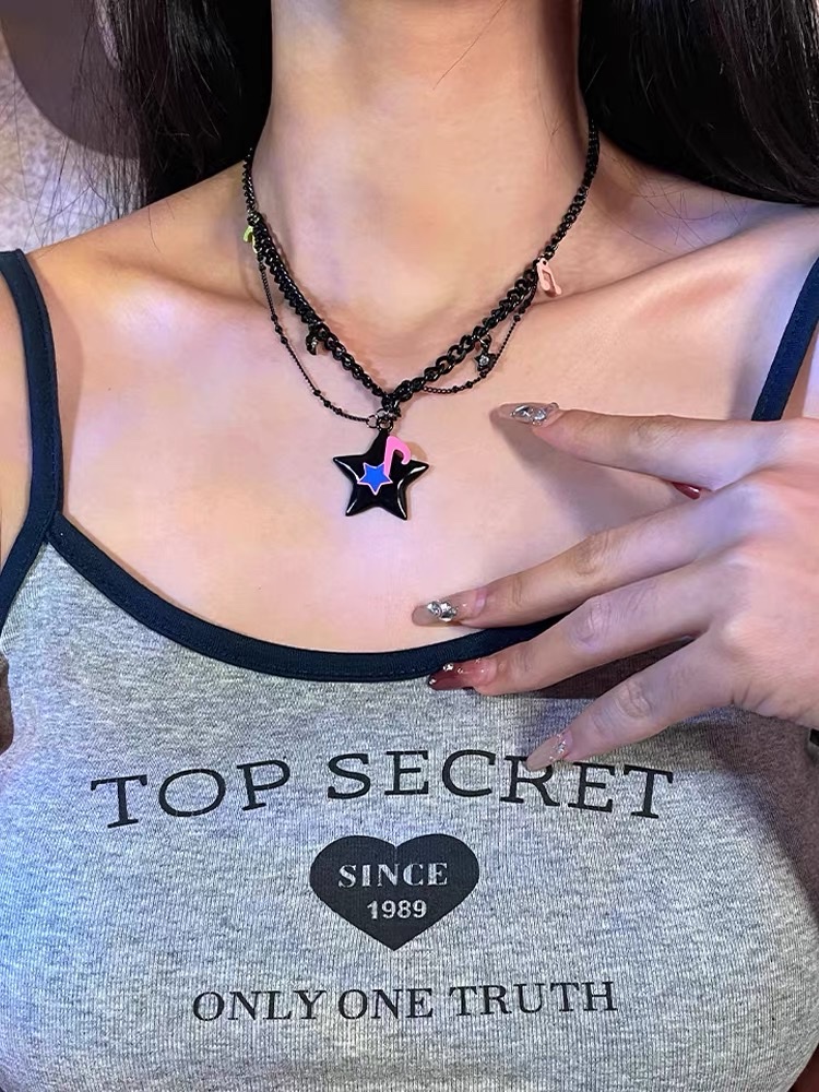 OUKECHUN黑色链条音符星星项链女轻奢小众锁骨链甜酷y2k辣妹颈链项链项链小众甜酷黑色详情图2