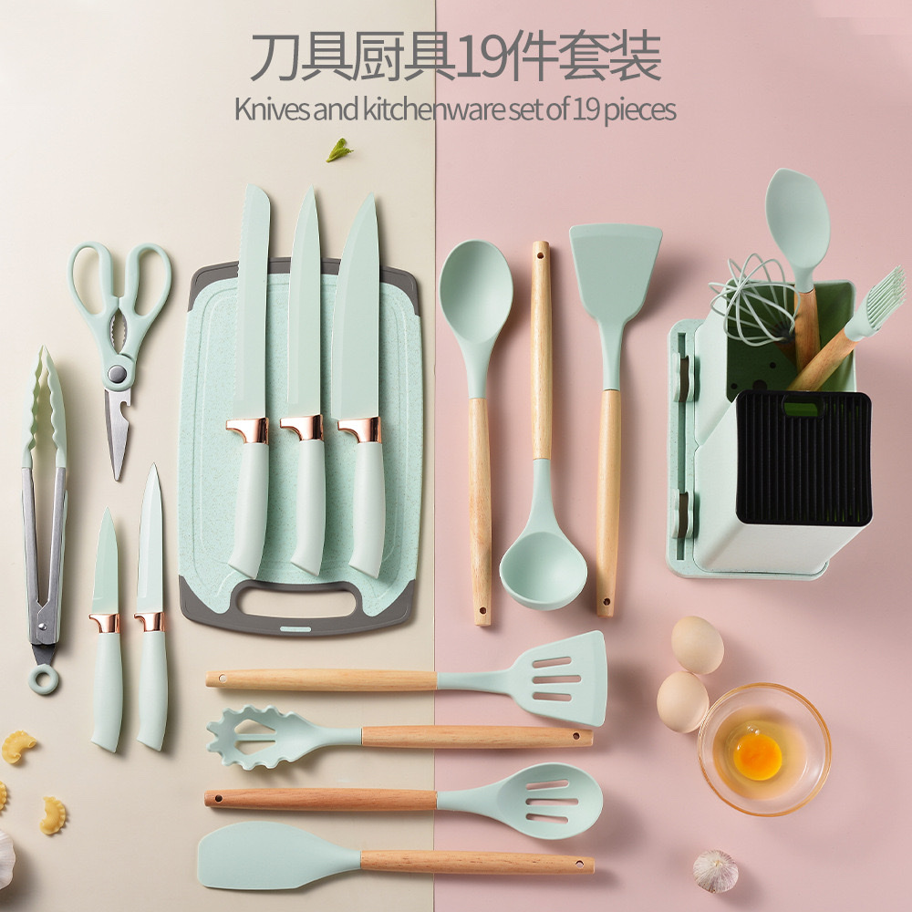 Spot silicone kitchenware 19-piece set non-stick pot cooking shovel spoon kitchenware with storage bucket knife combination set wholesale thumbnail