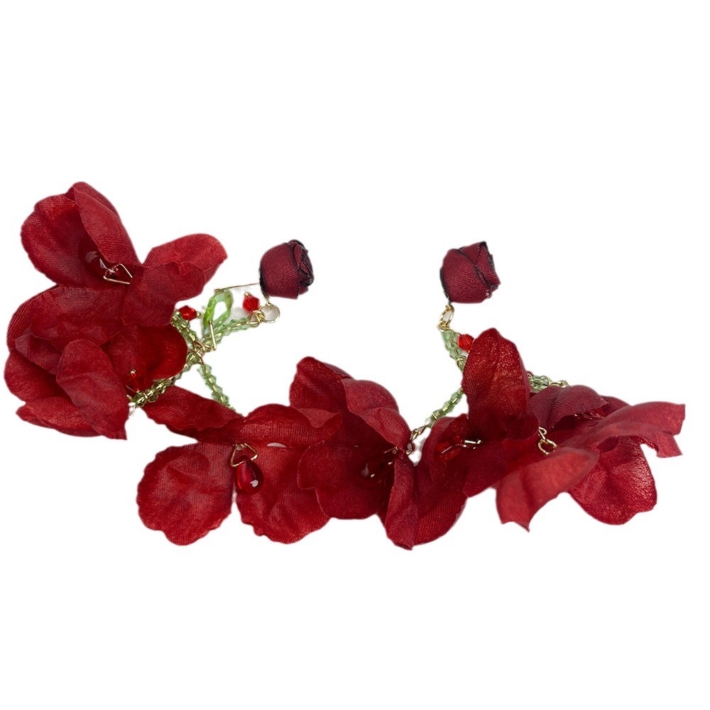 红色玫瑰花朵流苏耳环女2024新款爆款独特夸张耳钉小众高级感耳饰 白底实物图