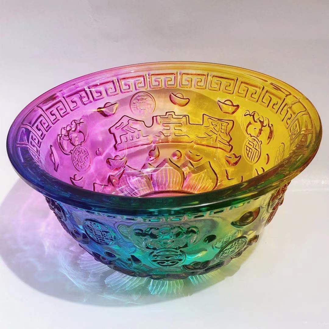 厚秀水晶国产琉璃水晶玻璃五彩聚宝盆佛教产品，吉祥如意家居摆件白底实物图