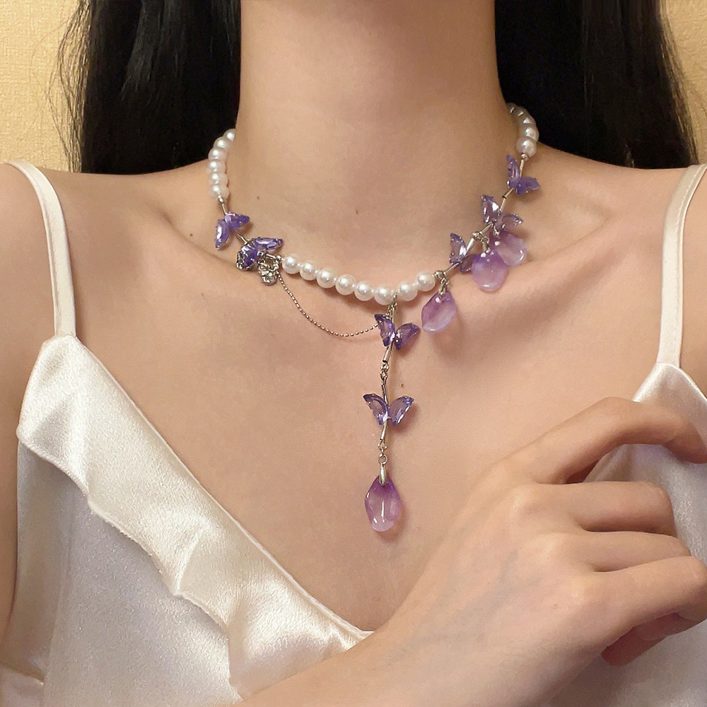 韩版紫紫色水晶珍珠蝴蝶长款显脸瘦流苏气质个性百搭耳坠高货项链 图