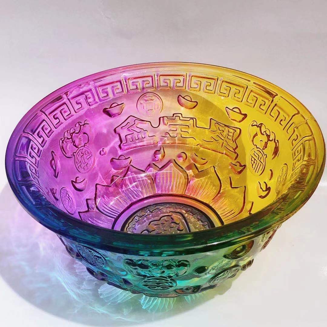 厚秀水晶国产琉璃水晶玻璃五彩聚宝盆佛教产品，吉祥如意家居摆件