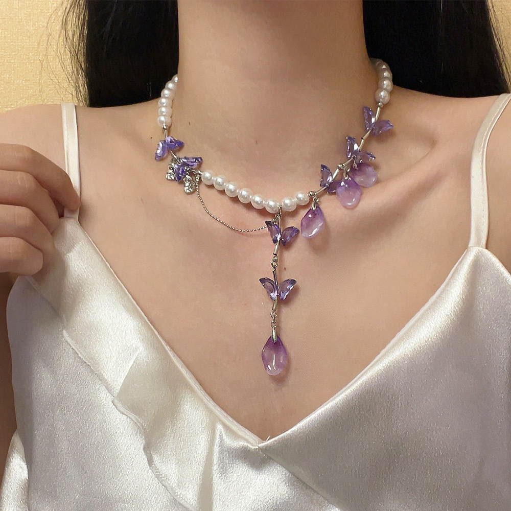 韩版紫紫色水晶珍珠蝴蝶长款显脸瘦流苏气质个性百搭耳坠高货项链 白底实物图