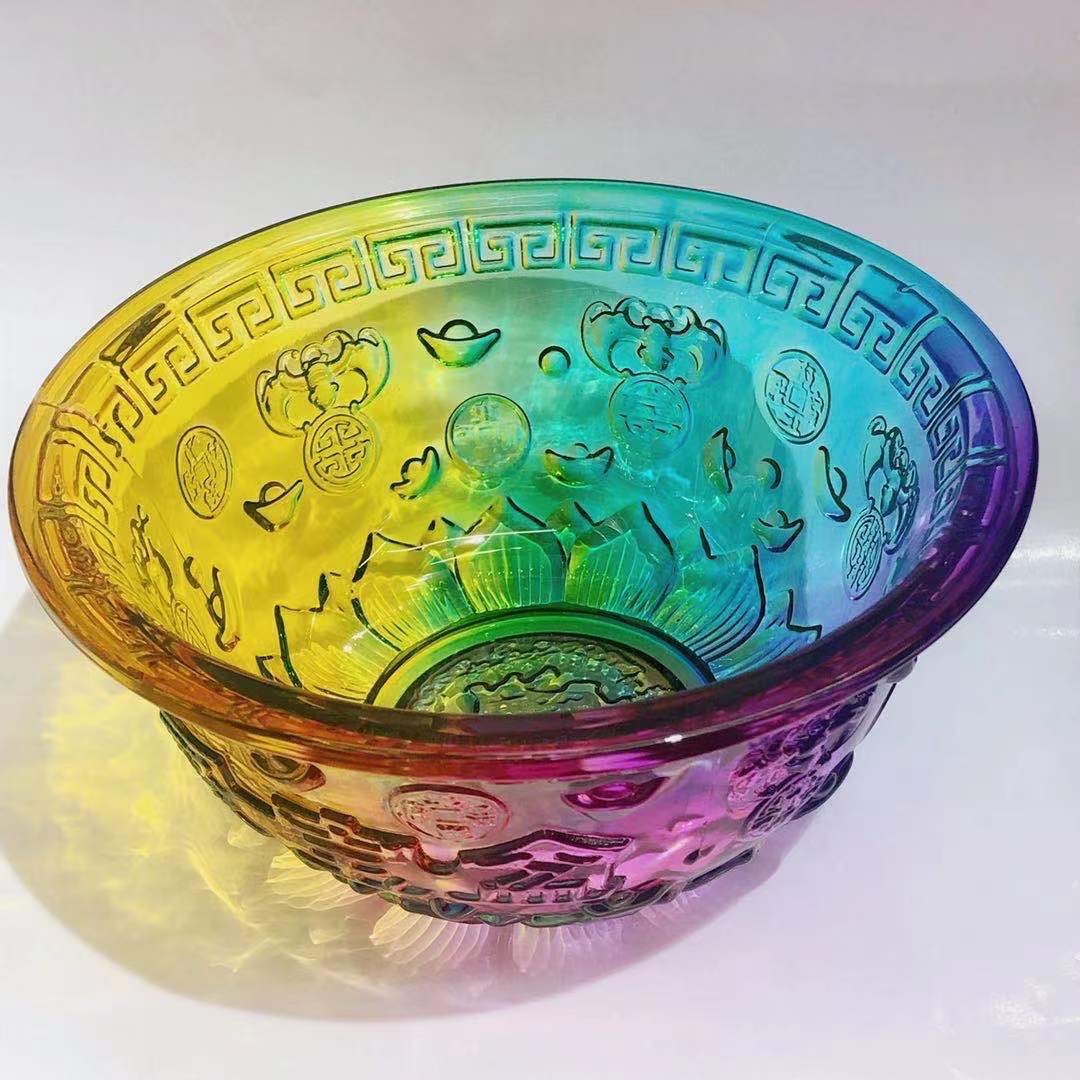 厚秀水晶国产琉璃水晶玻璃五彩聚宝盆佛教产品，吉祥如意家居摆件详情图3