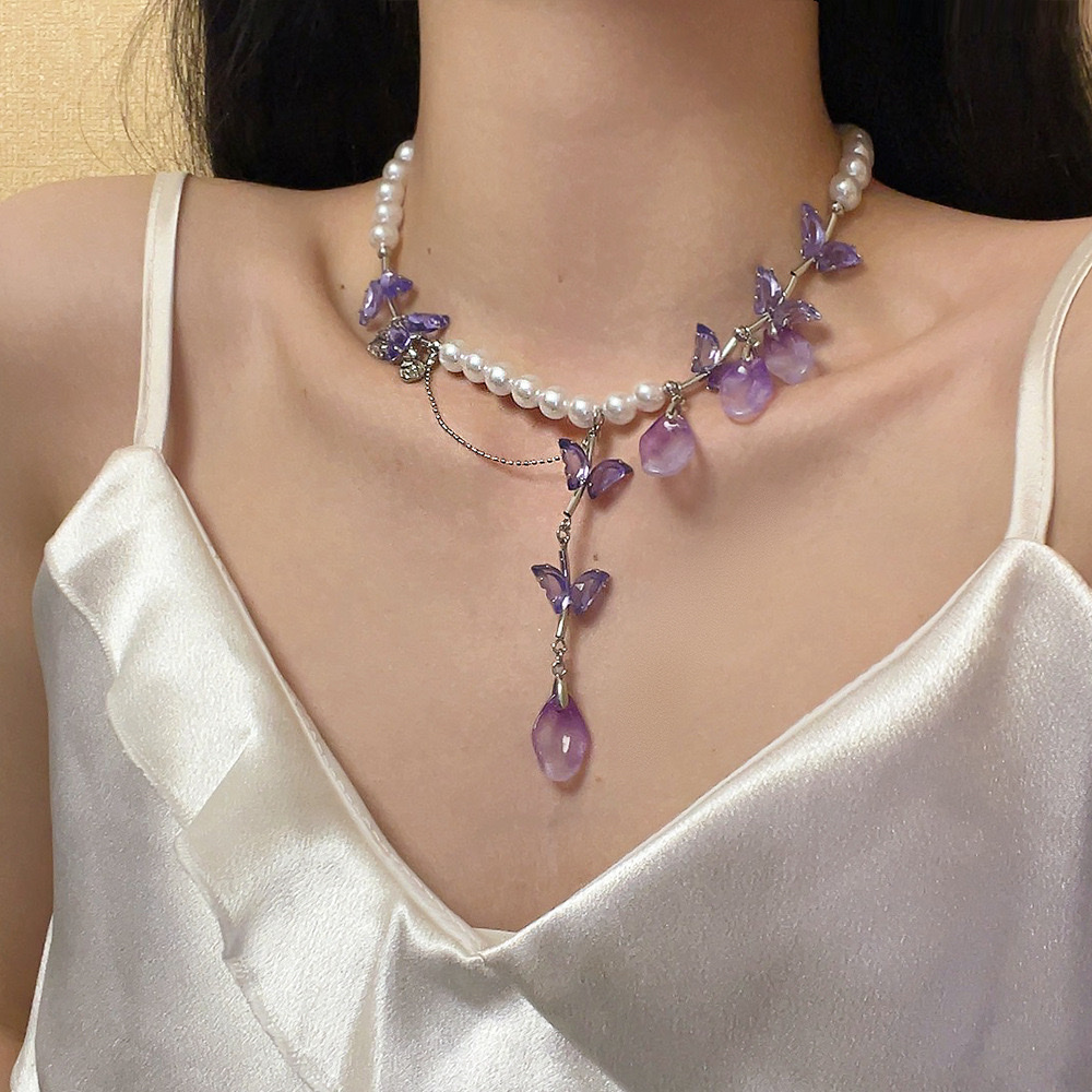 韩版紫紫色水晶珍珠蝴蝶长款显脸瘦流苏气质个性百搭耳坠高货项链 产品图