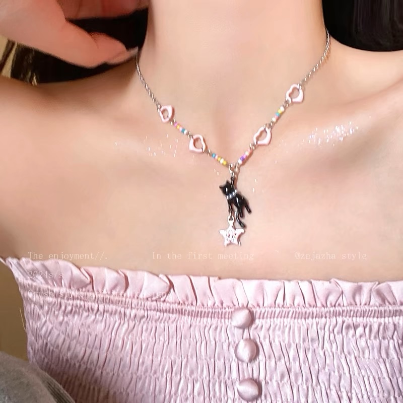 黑猫粉色星星项链女夏辣妹可爱百搭配饰设计感甜酷锁骨链项链女短款