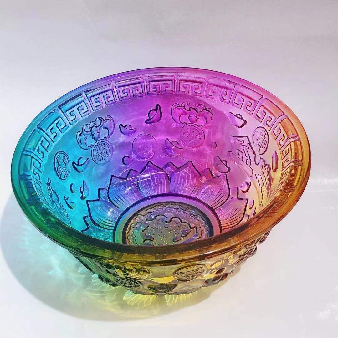 厚秀水晶国产琉璃水晶玻璃五彩聚宝盆佛教产品，吉祥如意家居摆件详情图6