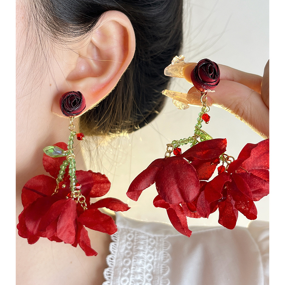红色玫瑰花朵流苏耳环女2024新款爆款独特夸张耳钉小众高级感耳饰 