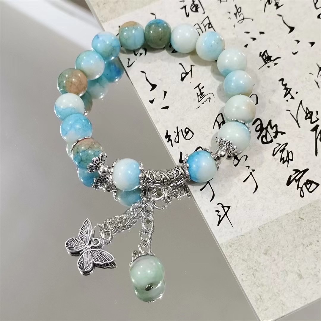 2024爆花手串新中式碎花蝴蝶手链女潮流新款小众设计百搭学生男女白底实物图