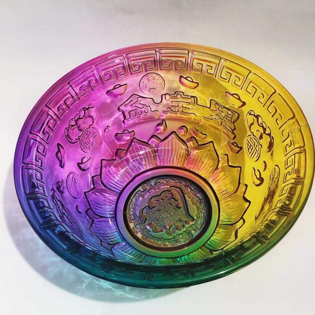厚秀水晶国产琉璃水晶玻璃五彩聚宝盆佛教产品，吉祥如意家居摆件产品图