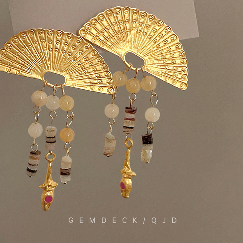 复古独特金属扇形耳环新中式天然石流苏耳饰优雅气质夸张中古耳坠 