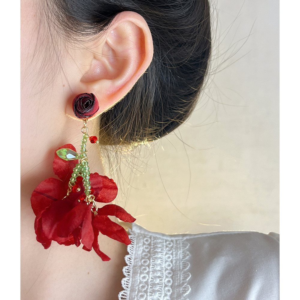 红色玫瑰花朵流苏耳环女2024新款爆款独特夸张耳钉小众高级感耳饰 细节图
