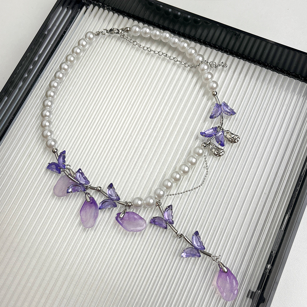 韩版紫紫色水晶珍珠蝴蝶长款显脸瘦流苏气质个性百搭耳坠高货项链 细节图