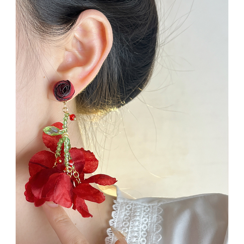 红色玫瑰花朵流苏耳环女2024新款爆款独特夸张耳钉小众高级感耳饰 产品图