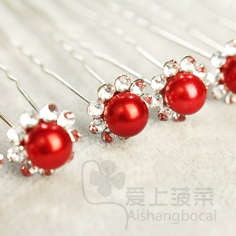 日韩珍珠水钻簪子发插针叉小u形夹子发卡丸子头盘发饰品结婚新娘细节图