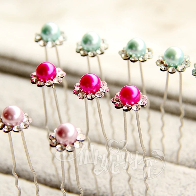 日韩珍珠水钻簪子发插针叉小u形夹子发卡丸子头盘发饰品结婚新娘详情图4