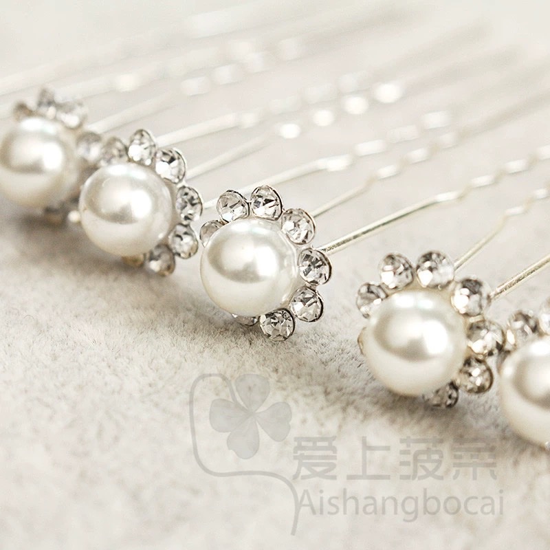 日韩珍珠水钻簪子发插针叉小u形夹子发卡丸子头盘发饰品结婚新娘产品图