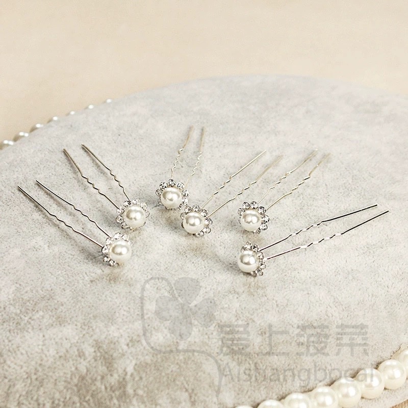 日韩珍珠水钻簪子发插针叉小u形夹子发卡丸子头盘发饰品结婚新娘详情图2