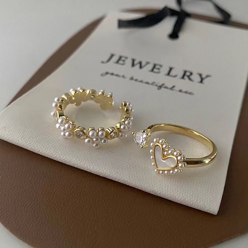 贝壳珍珠爱心花朵戒指女小众设计复古简约气质百搭开口食指戒指环